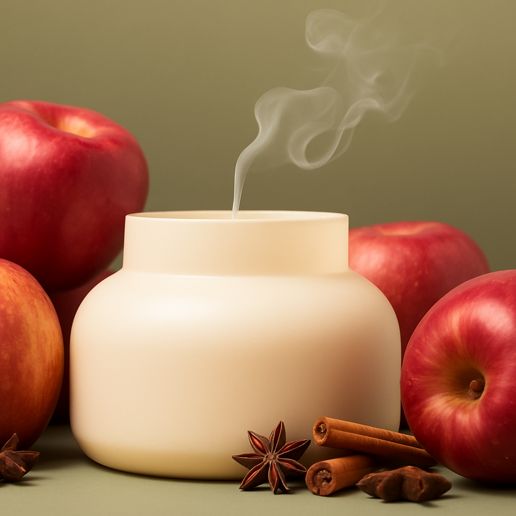 A cream-colored candle with smoke rising from its wick, surrounded by red apples, cinnamon sticks, and star anise on a muted green background.